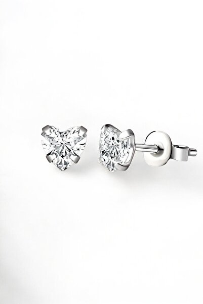 jelux silver Gümüş 925 Ayar 5 Mm Kalp Pırlanta Montür Zirkon Taşlı Çivili Küpe