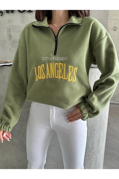 RASCHA Women's Green Los Angeles Embroidered Oversize Zippered Fleece Sweatshirt