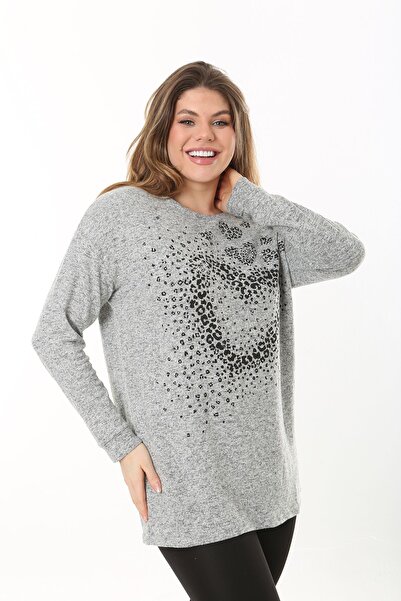 Şans Γυναικεία Μπλούζα Βισκόζη από Γκρι Μάλλινο Plus με πέτρινη λεπτομέρεια στο μπροστινό μέρος 65N37501