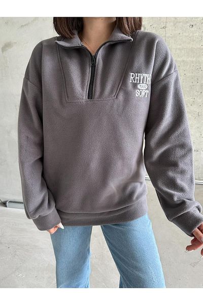 RASCHA Hanorac fleece oversize cu fermoar brodat Rhythm gri închis pentru femei