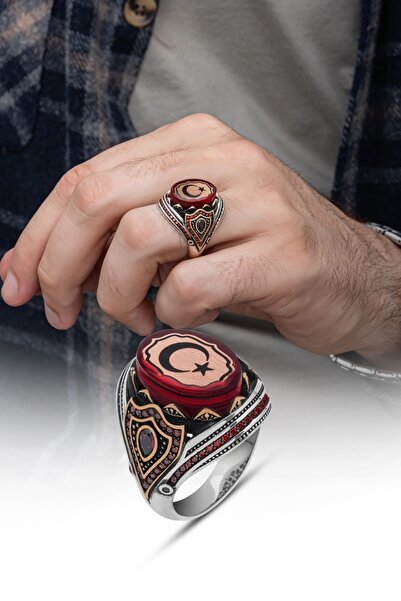 ALYANSEVİM Ayyıldız Motifli Kırmızı Taşlı 925 Gümüş Erkek Yüzük