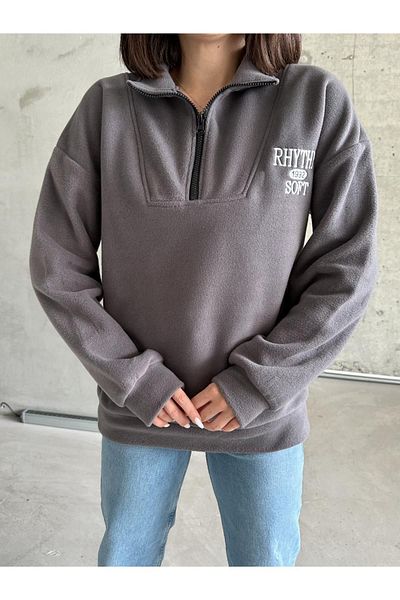 RASCHA Hanorac fleece oversize cu fermoar brodat Rhythm gri închis pentru femei