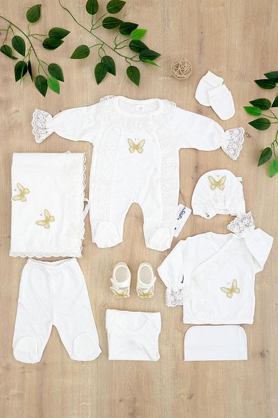 Sitilin Ecru Butterfly Patterned Baby Girl Scalloped 100% Cotton 10-piece Hospital Discharge Set - Stl6741