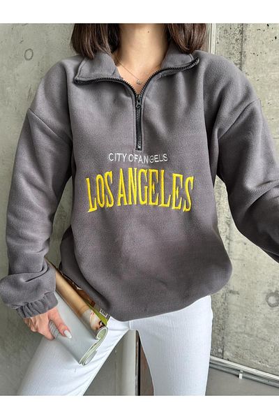 RASCHA Women's Dark Gray Los Angeles Embroidered Oversize Zippered Fleece Sweatshirt