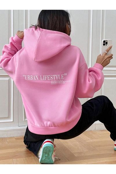 RASCHA Hanorac oversize cu glugă cu imprimeu Urban Lifestyle roz pentru femei