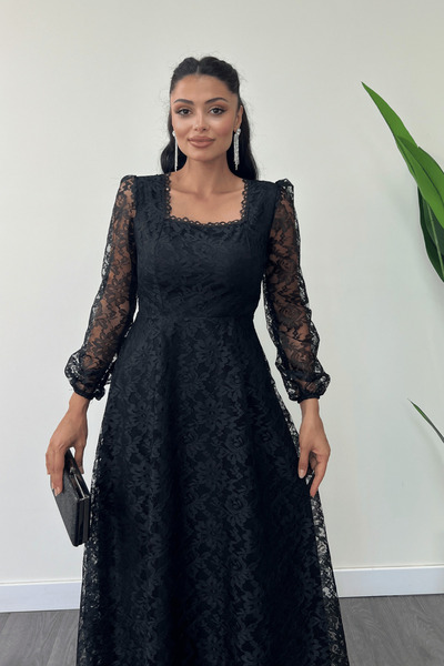 giyimmasalı Dantel Kumaş Kare Yaka Midi Elbise Elbise - SİYAH