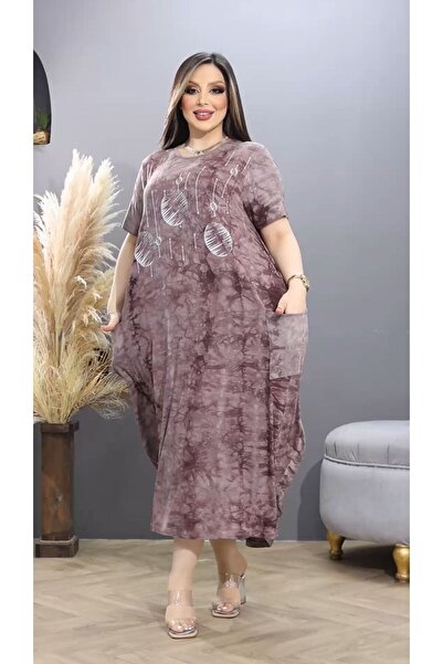 HÜLYA BUTİK Plus Size Printed and Pocketed Tie-Dye Women's Dress