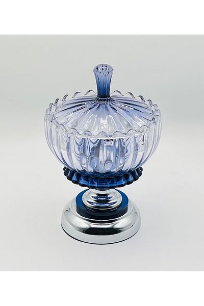 Furkan Smoked Blue Glass Silver Footed Sugar Bowl