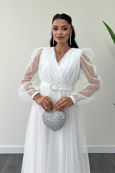 giyimmasalı Tül Kumaş Kruvaze Yaka Maxi Elbise - BEYAZ