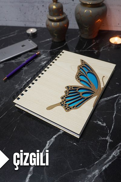 markcat Butterfly Themed Lined Notebook with Wooden Cover - Agenda and School Notebook (A5 - 120 Pages)