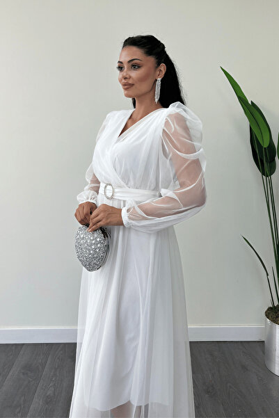 giyimmasalı Tül Kumaş Kruvaze Yaka Taş Kemer Detaylı Elbise - BEYAZ