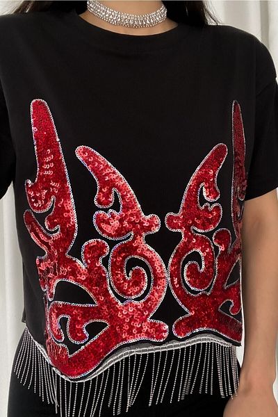 FEMELLE Tricou din bumbac, negru, nou sezon, cu paiete brodate cu ciucuri