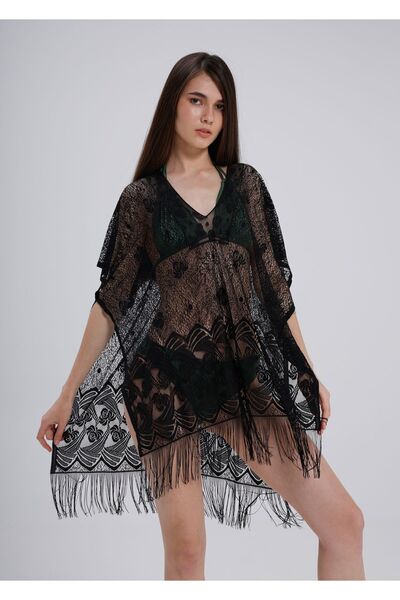 FASHİON DANTEL Lace Pareo Self-Stretching Fringed Beach Dress with Side Stitching (Black)