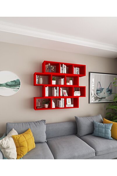 Dekormer Design Kitaplık Modern Duvar Rafı Salon Yatay 4 Lü Takım Kırmızı