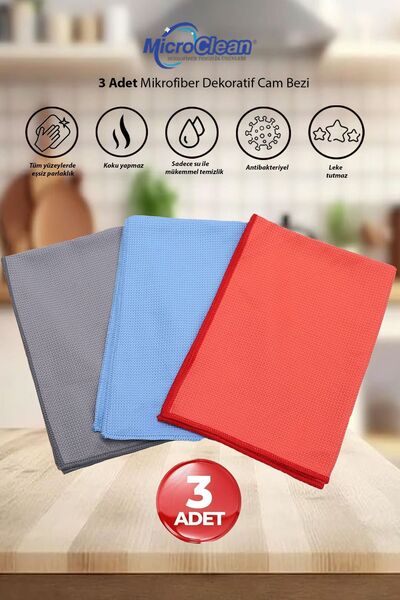 Micro Clean Missclean (3 ADET) Cam Ve Ayna Bezi Mikrofiber Genel Temizlik Bezi Kurulama Gerektirmez 40*60 Cm