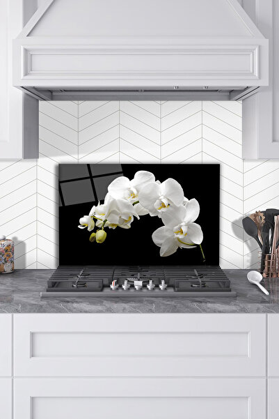 Rosyvien Beyaz Orkide Cam Ocak Arkası Koruyucu, Mutfak Ankastre ve Tezgah Kor...