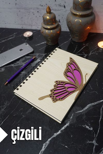 markcat Butterfly Themed Lined Notebook with Wooden Cover - Agenda and School Notebook (A5 - 120 Pages)
