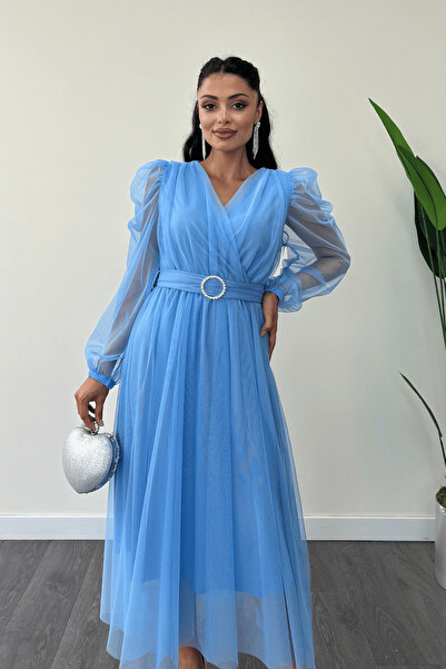 giyimmasalı Tüll szövet duplasoros nyakú kőöv részletes ruha - BABY BLUE