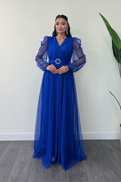 giyimmasalı Saks Blue Maxi Φόρεμα - Ύφασμα από τούλι και διπλό γιακά