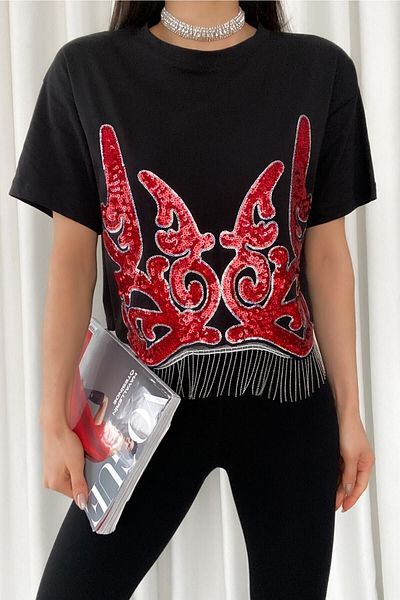 FEMELLE Tricou din bumbac, negru, nou sezon, cu paiete brodate cu ciucuri
