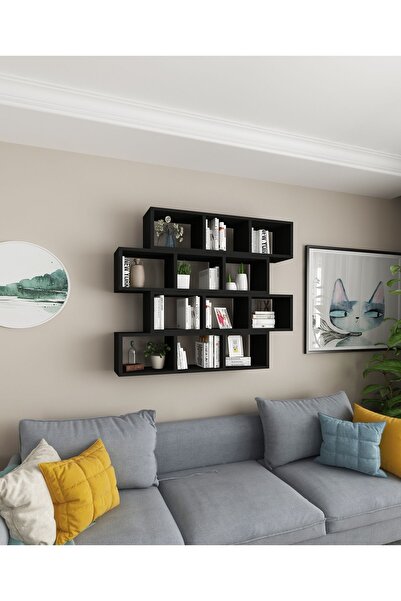 Dekormer Design Kitaplık Modern Duvar Rafı Salon Yatay 4 Lü Takım Siyah