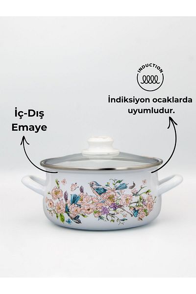 Bonera 24cm Bird Patterned - Single Enamel Casserole Pot with Glass Lid
