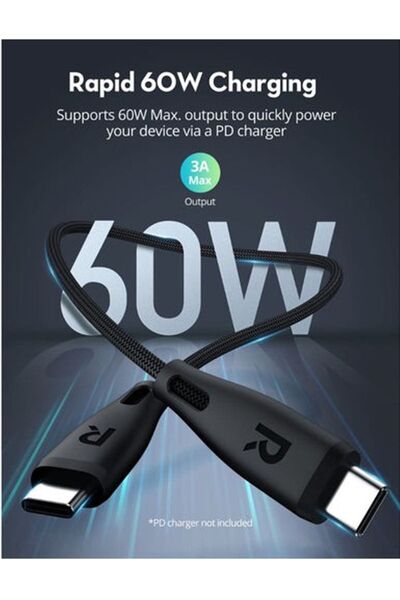 RavPower Type-C to Type-C 1.2 Metre Şarj ve Data Kablo Naylon Örgü USB C Kablo iPhone 15 Uyumlu CB1037