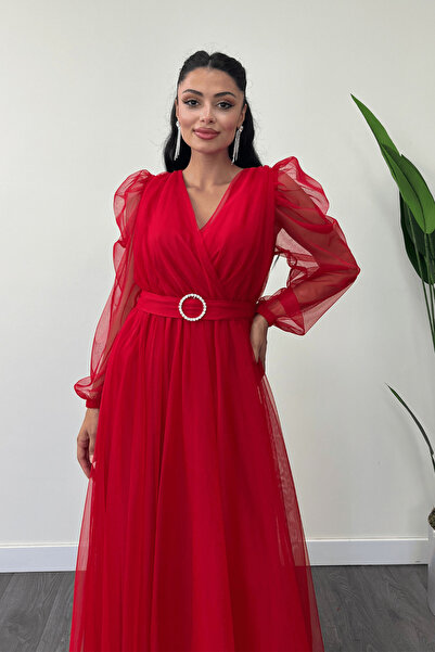 giyimmasalı Vörös tüll szövet - duplasoros galléros maxi ruha