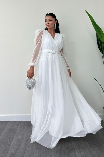 giyimmasalı ΛΕΥΚΟ Maxi Φόρεμα - Ύφασμα από τούλι, διπλό γιακά