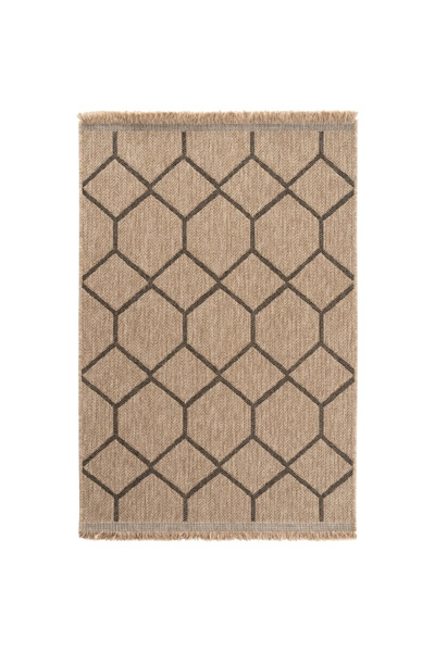 Hoomrugs Bej & Siyah Geometrik Desenli Jüt Kilim - Bohem Salon Ve Mutfak Halı...