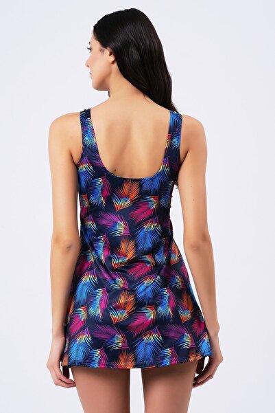 vawensea Kadın Likralı Şortlu Renkli Yapraklı Desen Elbise Mayo