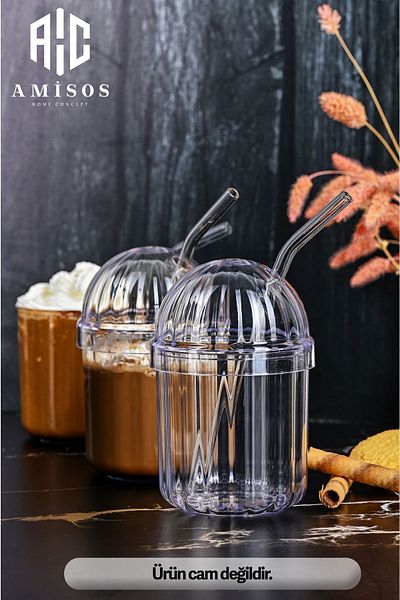 ASYA BAZAAR Monica 4-Piece Glass Crystal Glass with Straw 400ml Soft Drink Glass 4 Pieces Glass 4 Pieces Straw