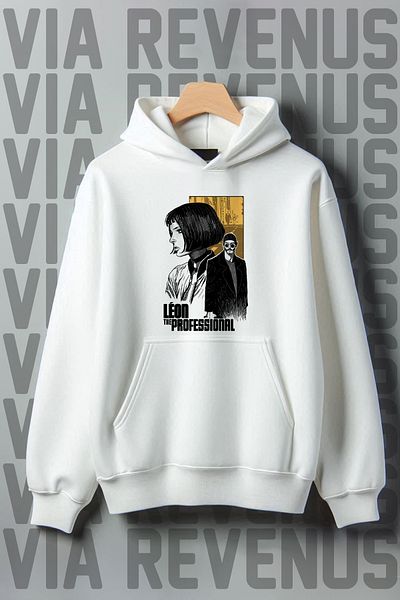 Vordevia White Hooded - Leon Printed Wide Fit Sweatshirt, 3 Thread Raster Kangaroo Pocket
