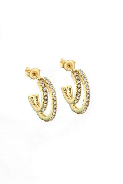 jelux silver Gümüş 925 Ayar 1.5 Cm Çift Halka Zirkon Taşlı Gold Küpe