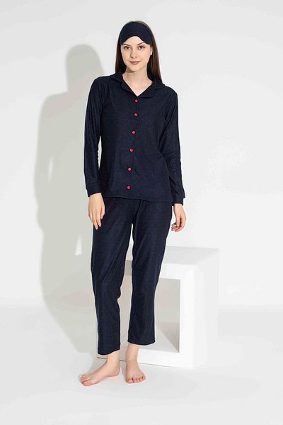 Tarık Navy Blue Suede Velvet Polka Dot Patterned Winter Pajama Set - Buttoned Front