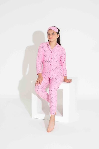 Tarık Kadın Pembe Puantiye Desen Önden Düğmeli Anne Kız Süet Kadife Kışlık Sıcak Tutan Pijama Takımı