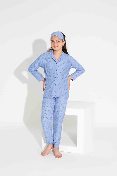 Tarık Set de pijamale de iarnă din catifea din piele intoarsa albastra - model cu buline, nasturi frontali, mentine la cald