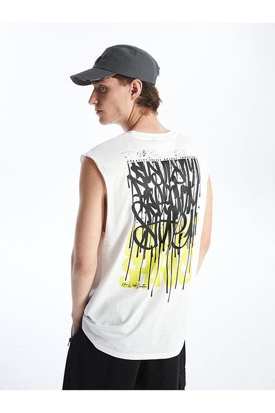 LC Waikiki Ecru Xside Printed Men's Sleeveless T-Shirt - Crew Neck Combed Cotton