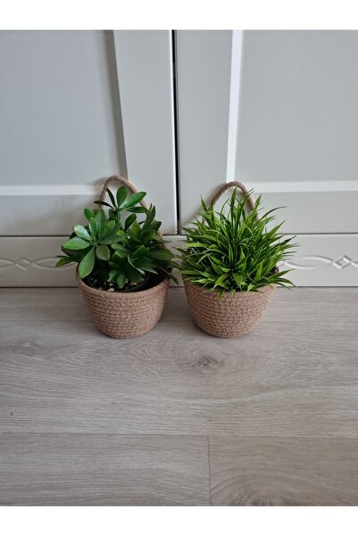 EGE ÖRGÜM Sepet Kahverengi Mini Dekoratif 2'li Saksılık Çiçeklik 12x10 Cm