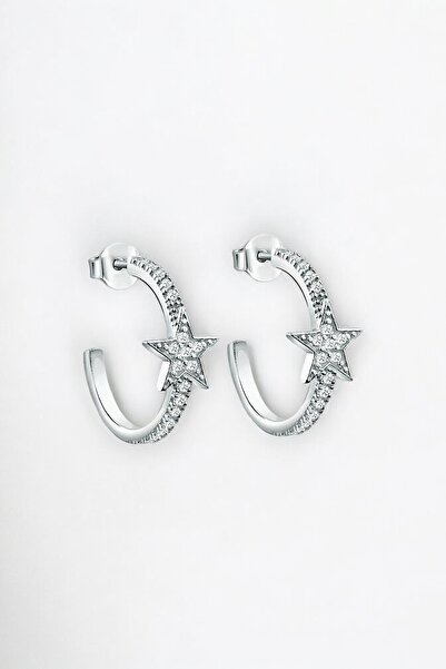 jelux silver Gümüş 925 Ayar Zirkon Taşlı 1,6 Cm Sıra Taşlı Yarım Tur Yıldız Küpe
