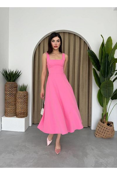 Julidress Ροζ Midi Φόρεμα με Τετράγωνο Γιακά Flounce Φούστα - Χοντρές τιράντες