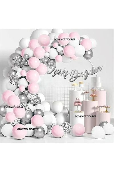 DÜVENCİ TİCARET RETRO PEMBE AYILI GÜMÜŞLÜ PEMBELİ LÜKS ZİNCİR BALON SET