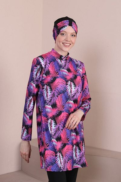 Fitsauna Hawaiian Patterned Fit Sauna Long Sleeve Hijab Swimsuit