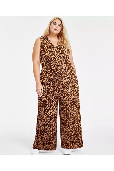 SUHIS Plus Size Leopard Print Long Jumpsuit - Pocketed and Wrapped