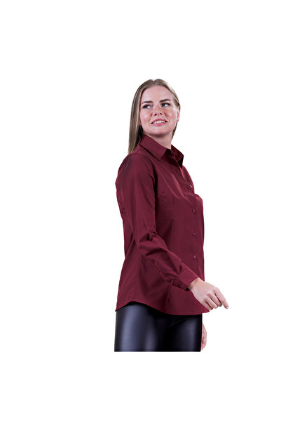 Exve Exclusive Claret Red Cherry Color 100% Cotton Woven Basic Long Sleeve Women's Shirt