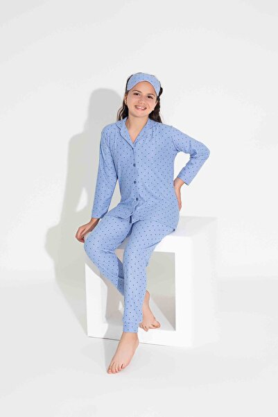 Tarık Μπλε σουέντ βελούδινο σετ χειμωνιάτικων πιτζάμες - πουά μοτίβο, μπροστινά κουμπιά, ζεστό