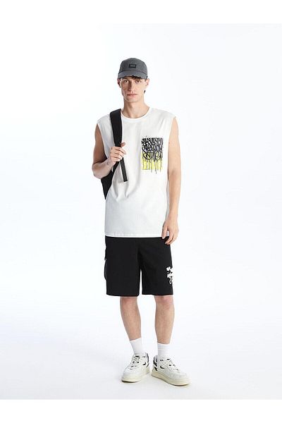 LC Waikiki Ecru Xside Printed Men's Sleeveless T-Shirt - Crew Neck Combed Cotton