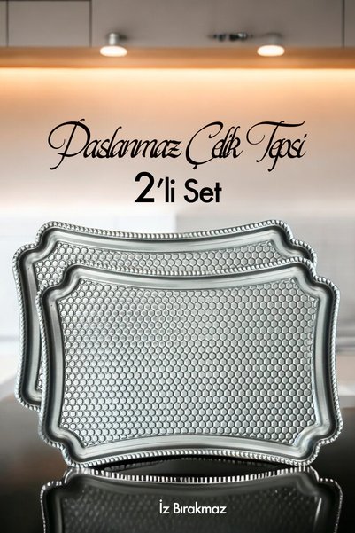 Moreva 2'li Paslanmaz Metal Kahve Sunum Söz Nişan Tepsi 28x20 cm Parmak İzi B...