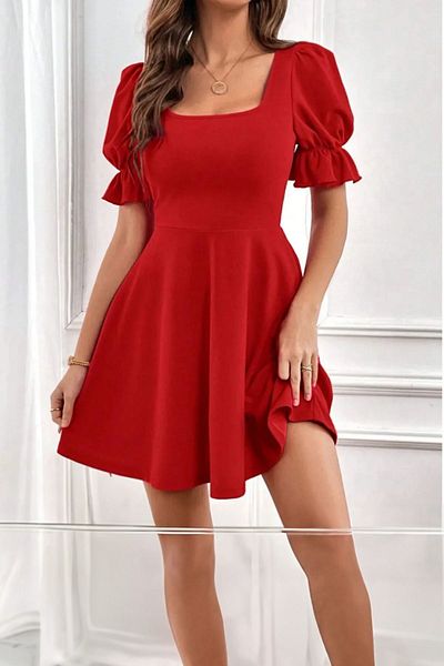 segrock Rochie midi din crepon cu mâneci cu balon de damă roșie