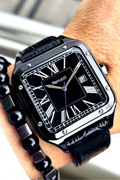 Ferrucci Men's Wristwatch - 2 Years Warranty, Leather Band, Steel Case, 3 ATM Waterproof, Bracelet Gift
